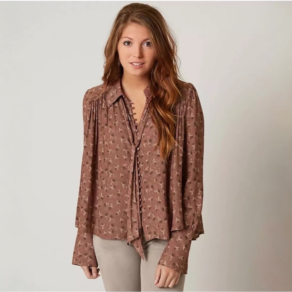 Free People Modern Muse Blouse Brown Floral Long Sleeve Button Down Top Small